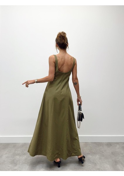 Kadın Askılı Cepli Haki Keten Elbise fırsatları