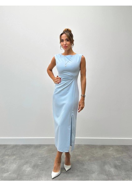 Kadın Bel Drapeli Yırtmaç Detay Vatkalı Mavi Elbise