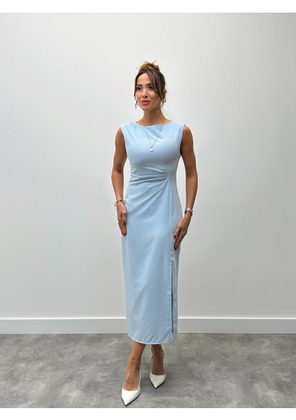 Kadın Bel Drapeli Yırtmaç Detay Vatkalı Mavi Elbise indirimleri