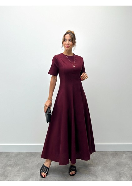 Kadın Maxi Boy Bordo Keten Elbise