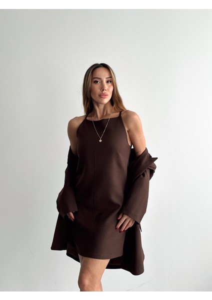 Kadın Mini Boy Askılı Kahverengi Elbise