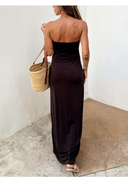 Kadın Straplez Sandy Kumaş Kahve Elbise modelleri