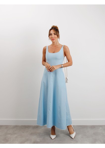 Kadın Askılı Cepli Mavi Keten Elbise