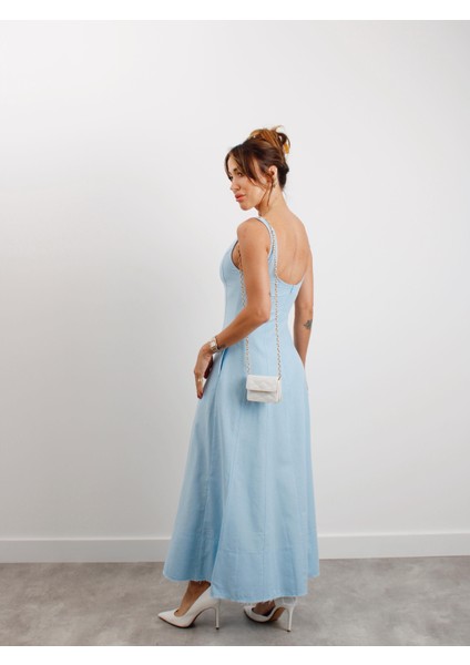 Kadın Askılı Cepli Mavi Keten Elbise modelleri