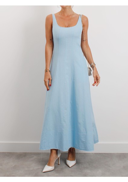 Kadın Askılı Cepli Mavi Keten Elbise fırsatları