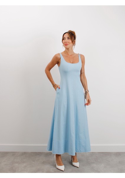 Kadın Askılı Cepli Mavi Keten Elbise indirimleri