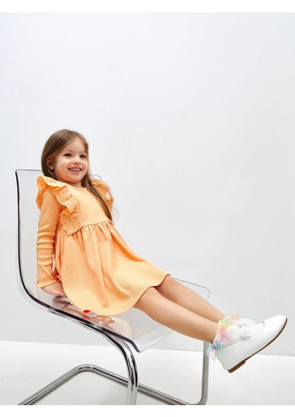 Lcw Kids Turuncu Bisiklet Yaka Uzun Kollu Basic Kız Bebek Elbise