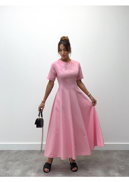 Kadın Maxi Boy Pembe Keten Elbise modelleri