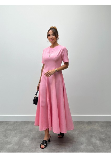 Kadın Maxi Boy Pembe Keten Elbise fırsatları