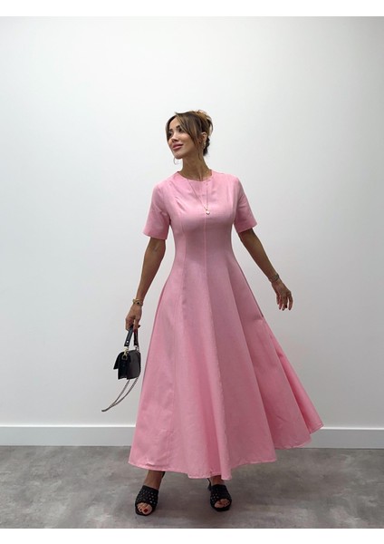 Kadın Maxi Boy Pembe Keten Elbise indirimleri