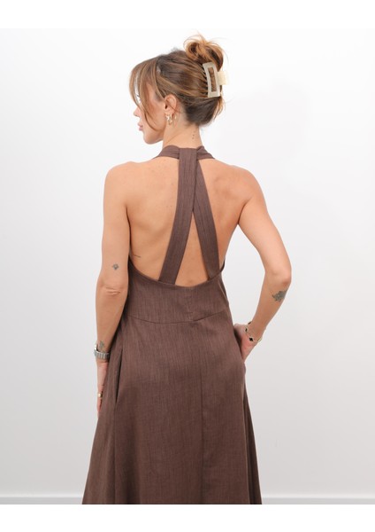 Kadın Çapraz Sırt Detay Kahverengi Askılı Elbise fiyatları