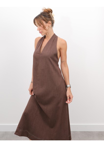 Kadın Çapraz Sırt Detay Kahverengi Askılı Elbise modelleri