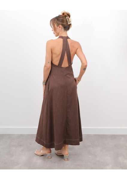 Kadın Çapraz Sırt Detay Kahverengi Askılı Elbise fırsatları