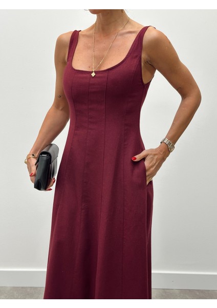 Kadın Askılı Cepli Bordo Keten Elbise fiyatları