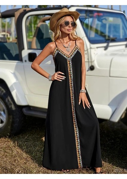 Kadın Askılı V Yakalı Etnik Şerit Detaylı Uzun Viskon Elbise 2xl-3xl-Siyah