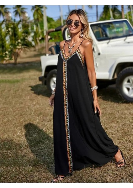 Kadın Askılı V Yakalı Etnik Şerit Detaylı Uzun Viskon Elbise 2xl-3xl-Siyah fırsatları