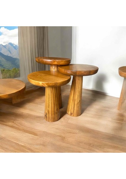 Doğal Masif Ahşap Mantar Sehpa 3’lü Set – Tik Ağacı Renk Zigon ve Fiskos Sehpa