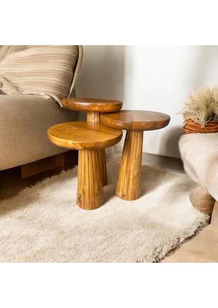 Doğal Masif Ahşap Mantar Sehpa 3’lü Set – Tik Ağacı Renk Zigon ve Fiskos Sehpa fiyatları