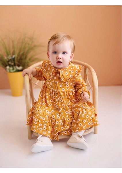 Lcw Baby Sarı Gömlek Yaka Çiçekli Kız Bebek Elbise