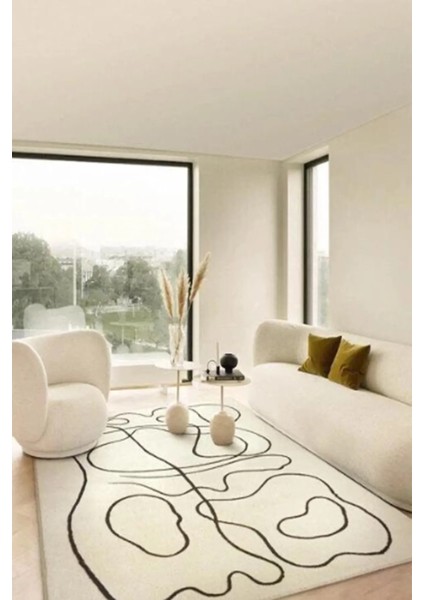 Dijital Baskılı Kaymaz Taban Yıkanabilir Siyah Modern Çizgili Salon Krem HALI-YOLLUK-DC-7074