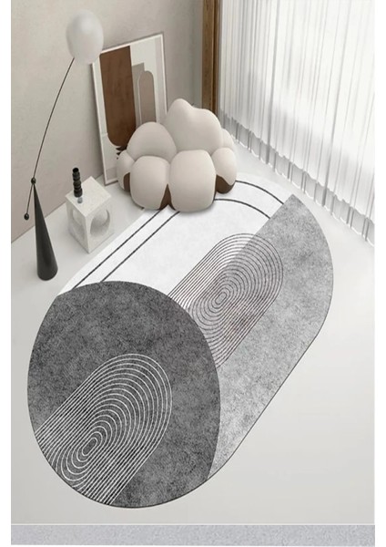 Dijital Baskılı Kaymaz Taban Yıkanabilir Vizon-Gri Salon Mutfak Oval Beyaz Halı-Yolluk DC-7089