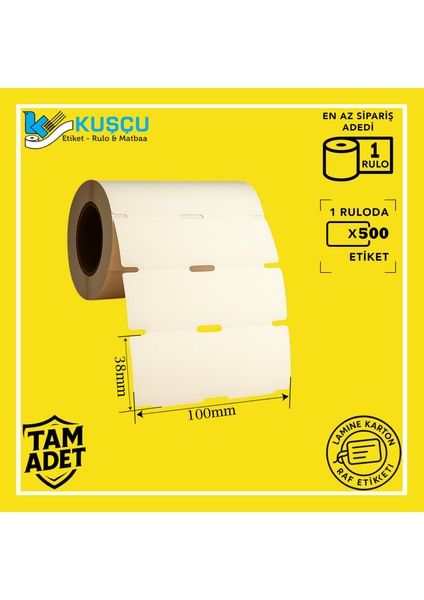 1 Adet 38MMX100MM 500'LÜK Orta Delikli/çentikli Lamine Karton Raf Etiketi / Kuşçu Etiket