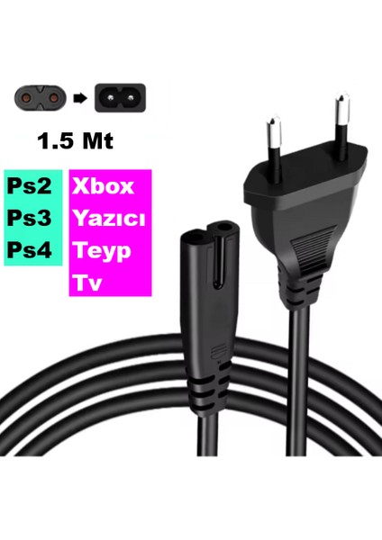 Teyp Radyo Yazıcı Elektrik Power Güç Kablosu Fişi Ps2/3/4 2 Pin C7 (1.5 Metre)