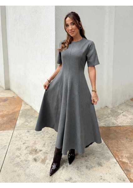 Kadın Maxi Boy Kloş Prenses Gri Elbise