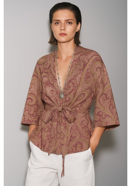 Etnik Desenli Bağlamalı Kimono