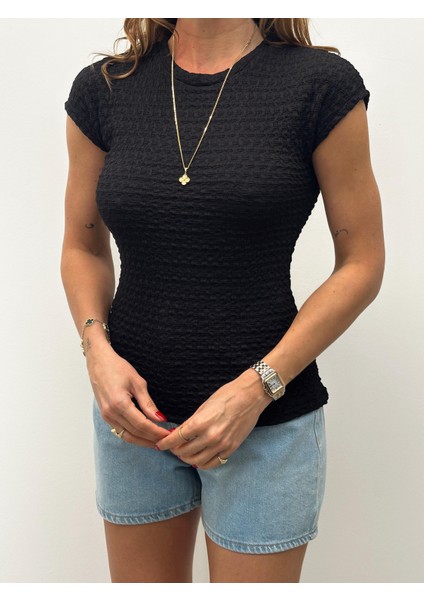 Kadın Bürümcük Doku T Kol Basic Siyah Bluz indirimleri