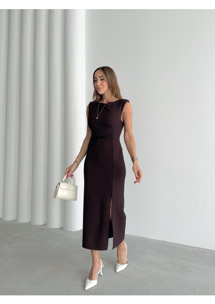 Kadın Bel Drapeli Yırtmaç Detay Vatkalı Mürdüm Midi Elbise indirimleri