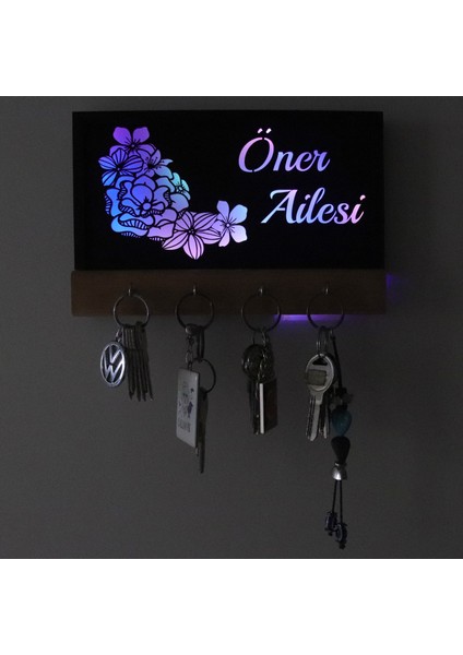 Işıklı Kişiselleştirilebilir Dekoratif Çiçek Temalı Ahşap Organizer Anahtar Askılığı