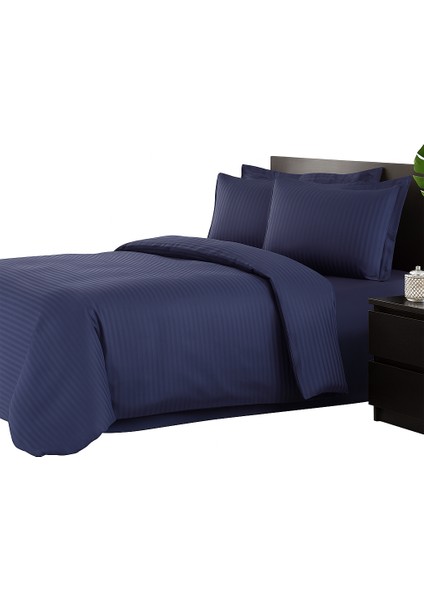 Line Tek Kişilik Pamuk Saten Nevresim Takımı – Çizgili Desen Lacivert & Pembe Varyant