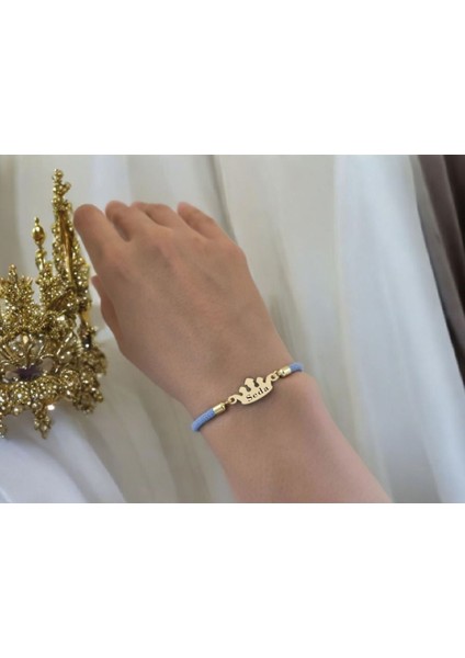 14 Ayar Plakalı Altın Seda Ismine Özel Mavi Ipek Örgülü Taç Motifli Hediye BILEKLIK-620ISIM