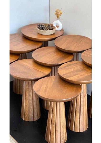 Doğal Masif Ahşap Mantar Sehpa 3’lü Set – Tütün Renk Zigon ve Fiskos Sehpa modelleri