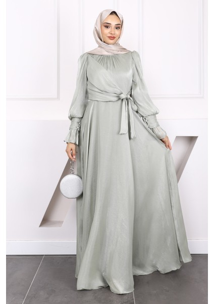Mint Yeşili Yan Bağlamalı Kol Detaylı Abiye