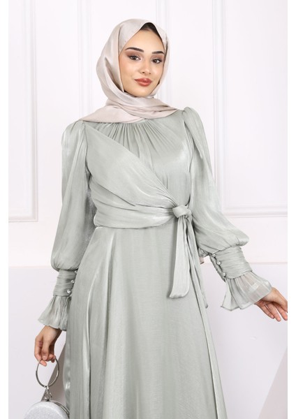 Mint Yeşili Yan Bağlamalı Kol Detaylı Abiye modelleri