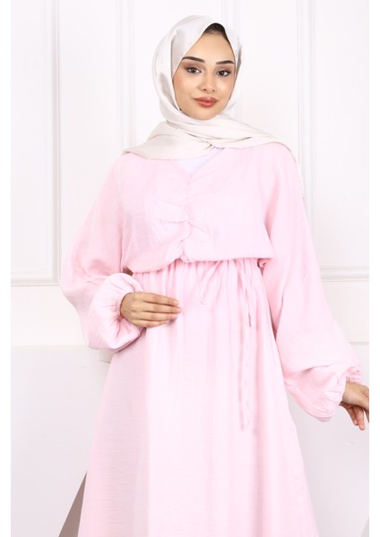 Açık Pembe Önü Büzgülü Müslin Elbise modelleri