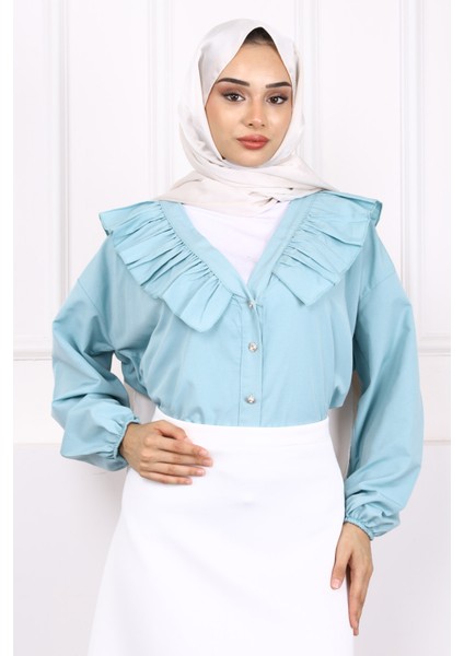 Çağla Yaka Fırfırlı Düğmeli Gömlek