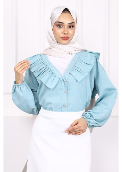 Çağla Yaka Fırfırlı Düğmeli Gömlek fırsatları