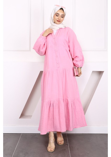 Pembe Yarım Düğmeli Katlı Müslin Elbise modelleri