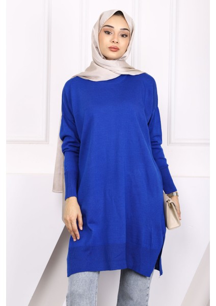 Saks Mavi Merserize Salaş Triko Tunik