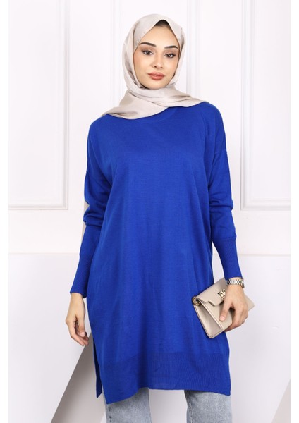 Saks Mavi Merserize Salaş Triko Tunik modelleri