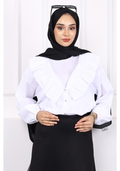 Ekru Yaka Fırfırlı Düğmeli Gömlek