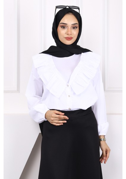 Ekru Yaka Fırfırlı Düğmeli Gömlek fiyatları