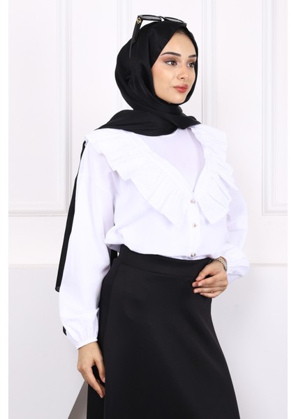 Ekru Yaka Fırfırlı Düğmeli Gömlek modelleri