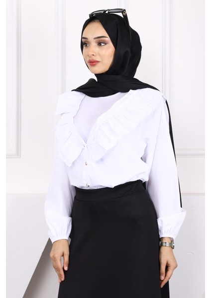 Ekru Yaka Fırfırlı Düğmeli Gömlek fırsatları