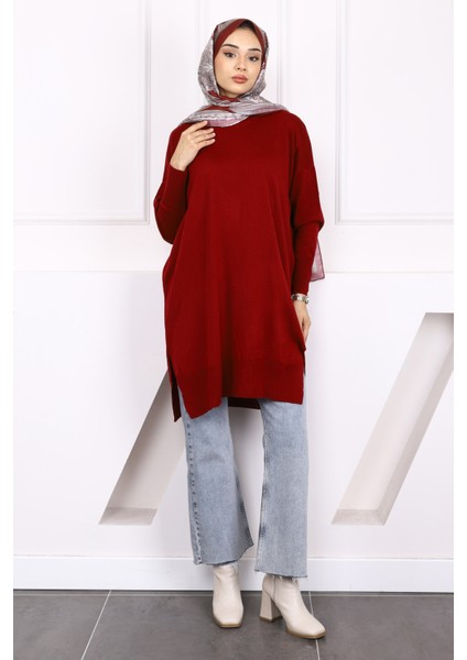 Bordo Merserize Salaş Triko Tunik fiyatları