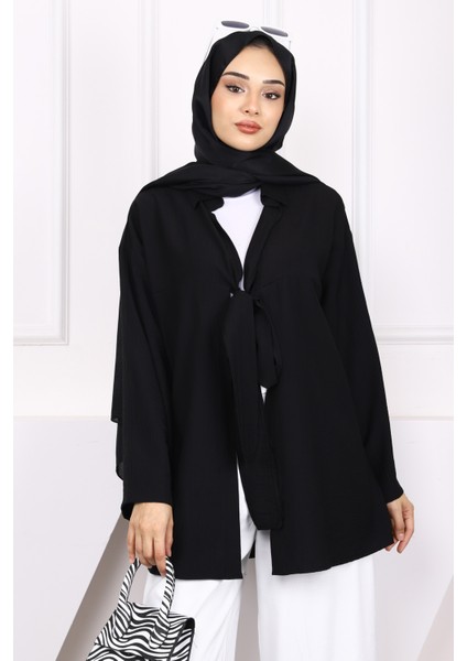 Siyah Ön Bağlamalı Modal Kimono