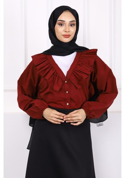 Bordo Yaka Fırfırlı Düğmeli Gömlek